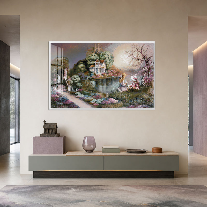 Children by the Victorian Lake House with white frame