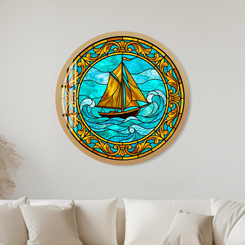 Amber Sailboat Turquoise Waves with gold frame