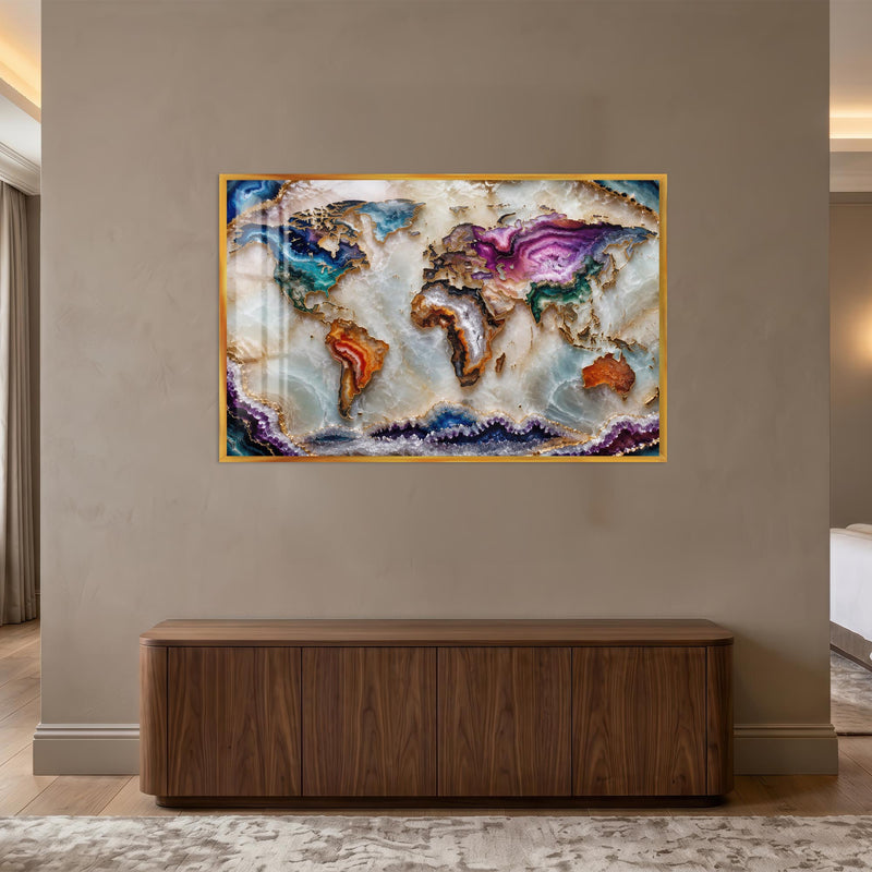 Agate World Map with gold frame