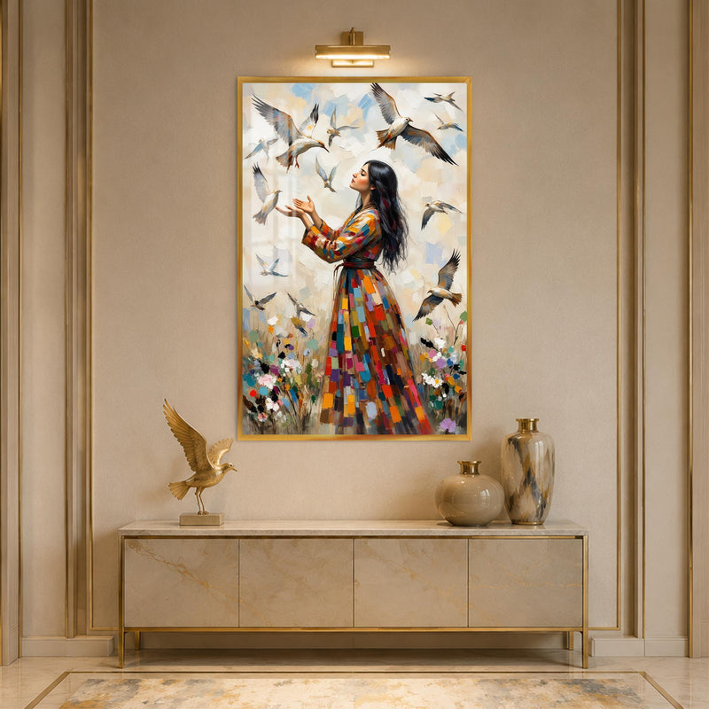 Woman Among Flying Birds with gold frame