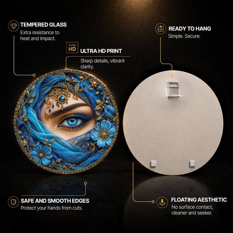 Veiled Sapphire Eye — tempered glass, ultra HD print, ready to hang