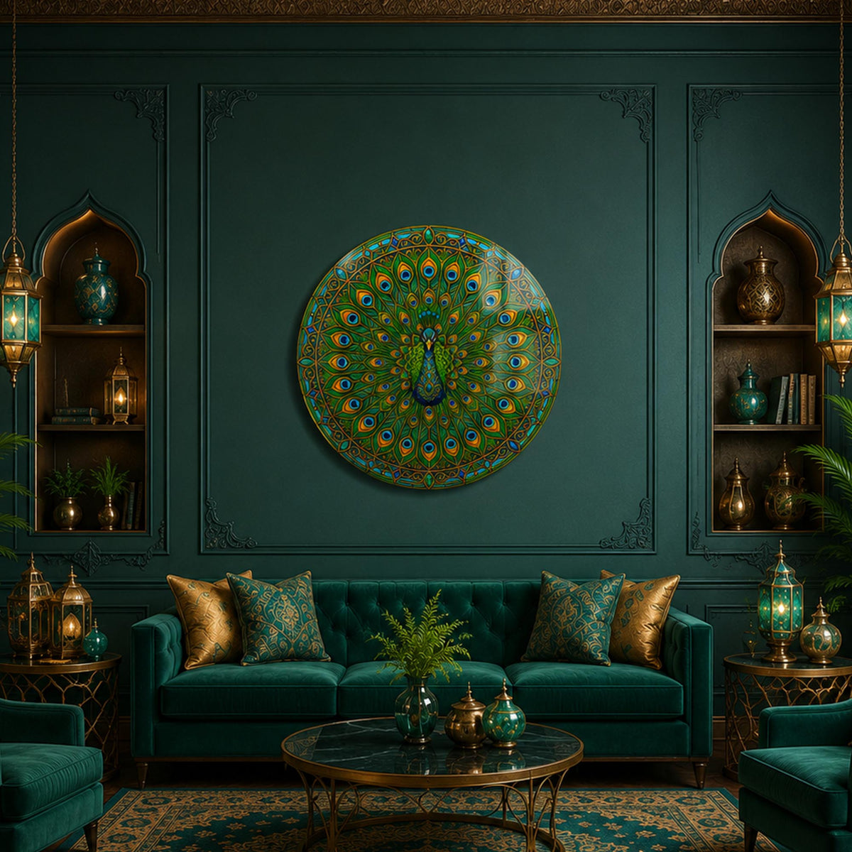 Emerald Peacock Mandala in a modern room