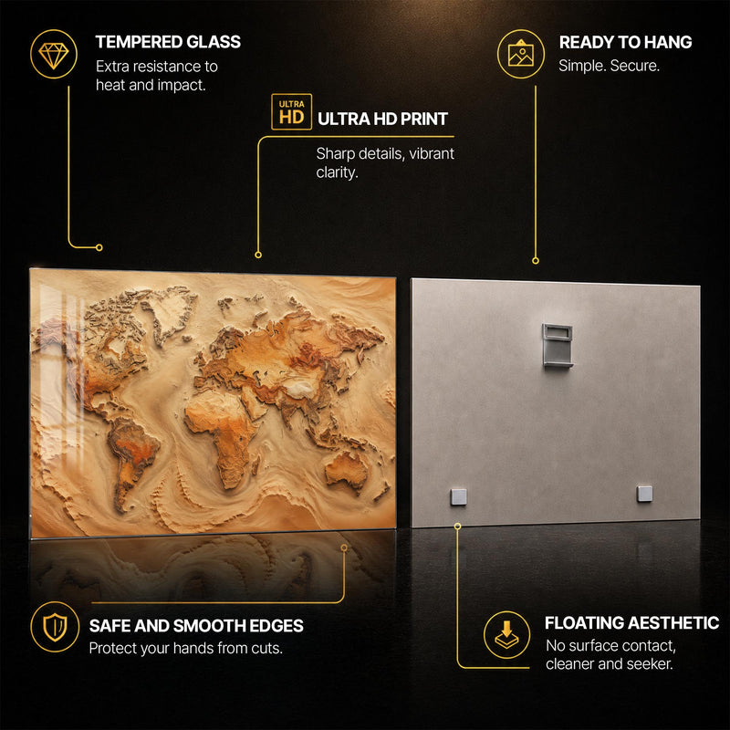 Carved Earth Map — tempered glass, ultra HD print, ready to hang