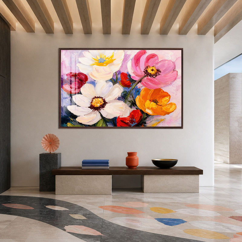 Artronauts Glass Print 18x12 cm | 7.1"x4.7" / Walnut Vibrant Painted Blossoms Glass Wall Art