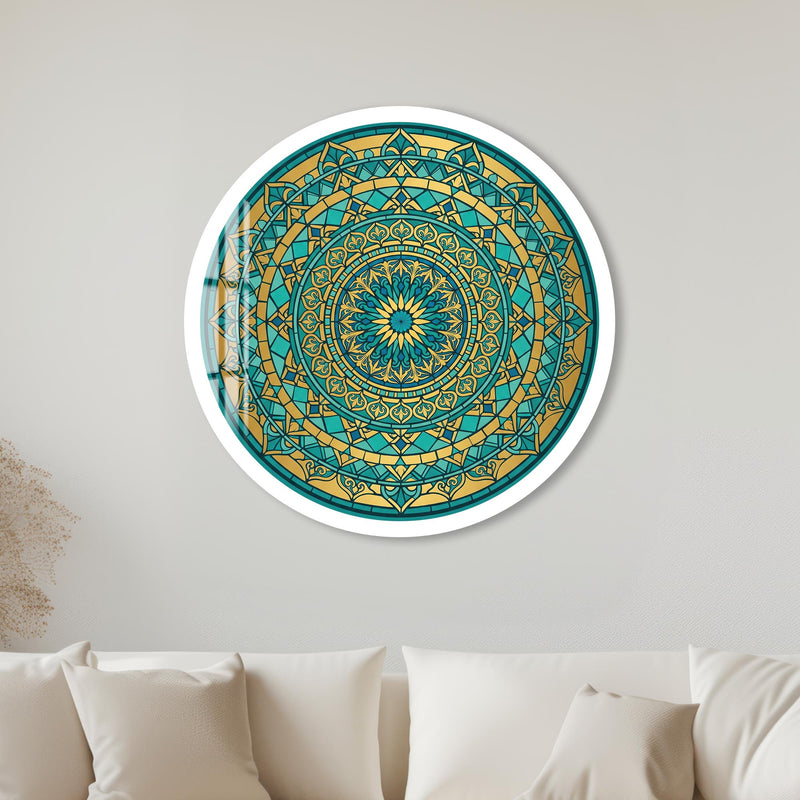 Teal Gold Rose Window Mandala with white frame