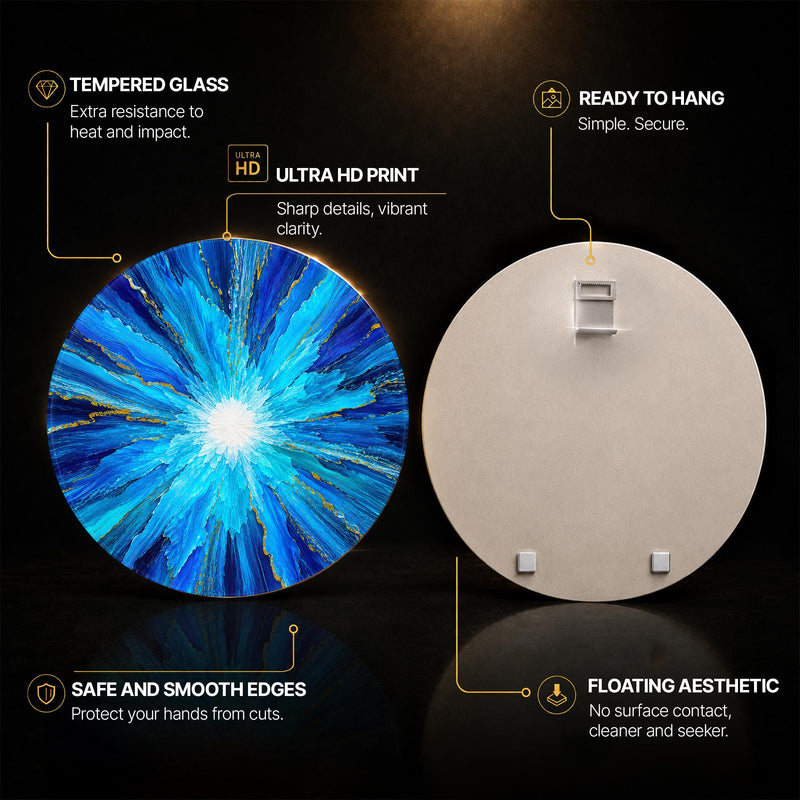 Azure Starburst Splash — tempered glass, ultra HD print, ready to hang
