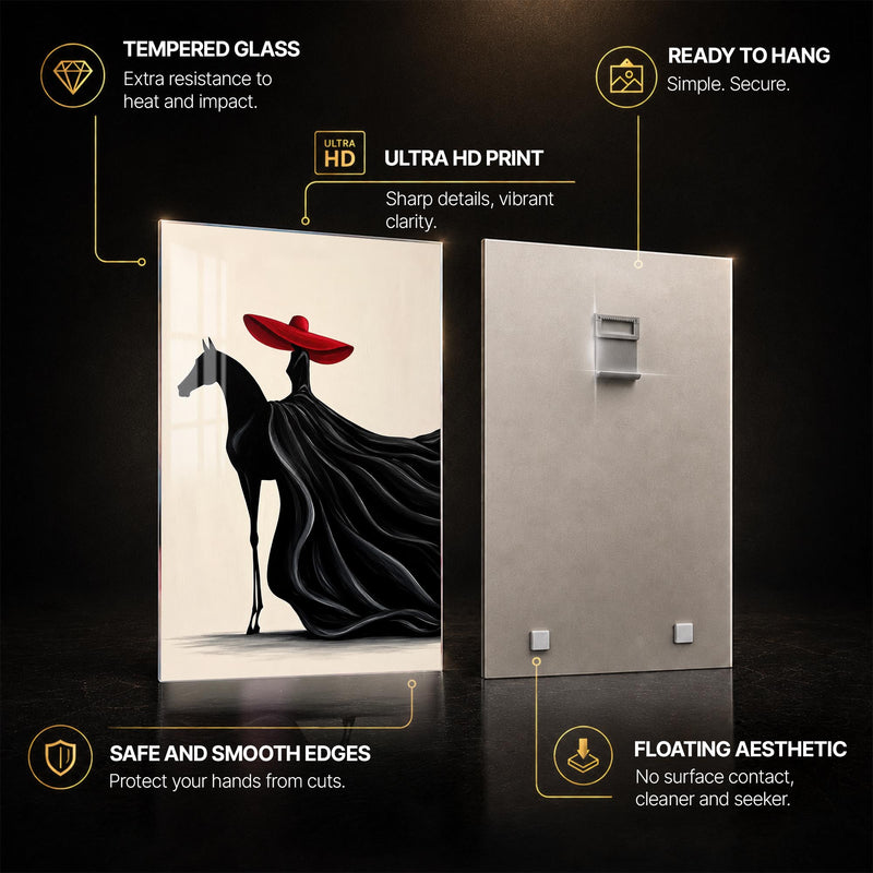 Crimson Hat Elegance — tempered glass, ultra HD print, ready to hang