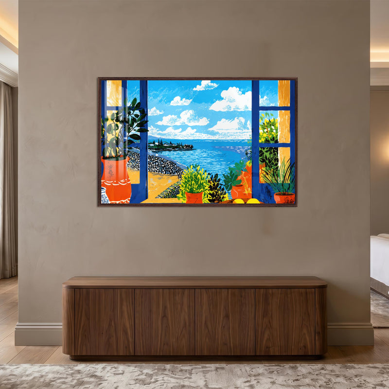 Mediterranean Window View with walnut frame