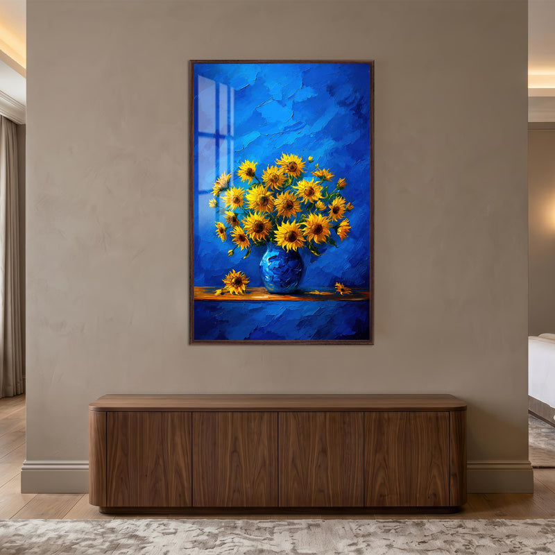 Sunflowers In Blue with walnut frame