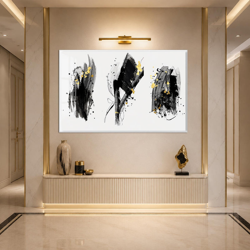 Artronauts Glass Print 18x12 cm | 7.1"x4.7" / White Ink and Gold Strokes Glass Wall Art