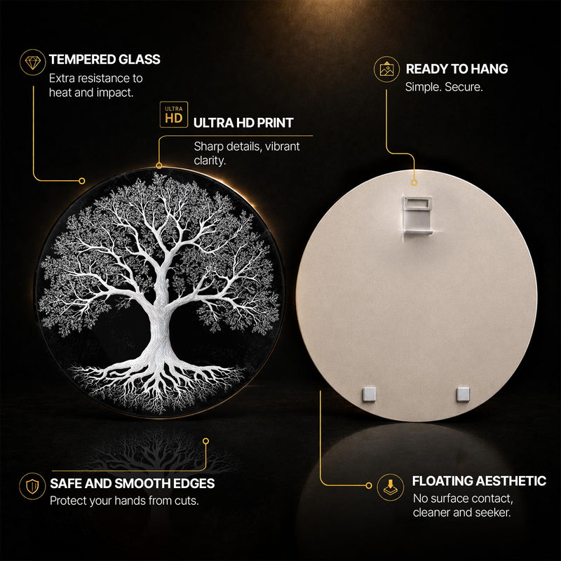 Monochrome Tree Of Life — tempered glass, ultra HD print, ready to hang