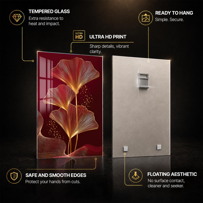 Golden Ginkgo Elegance — tempered glass, ultra HD print, ready to hang