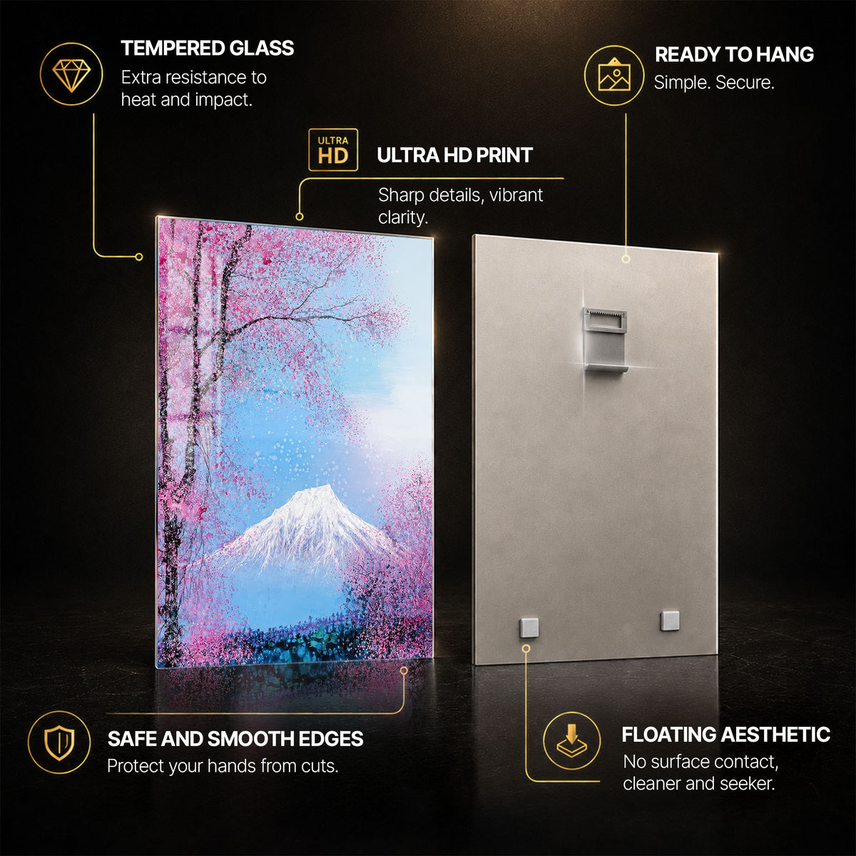 Blossoms Beneath The Peak — tempered glass, ultra HD print, ready to hang
