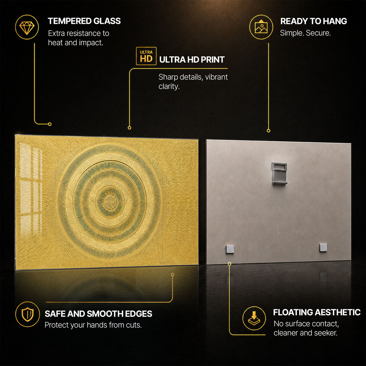 Golden Concentric Sunburst — tempered glass, ultra HD print, ready to hang