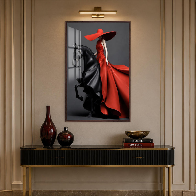 Crimson Equestrian Elegance with walnut frame