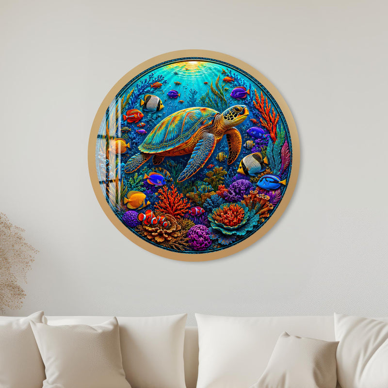 Vibrant Sea Turtle Reef with gold frame