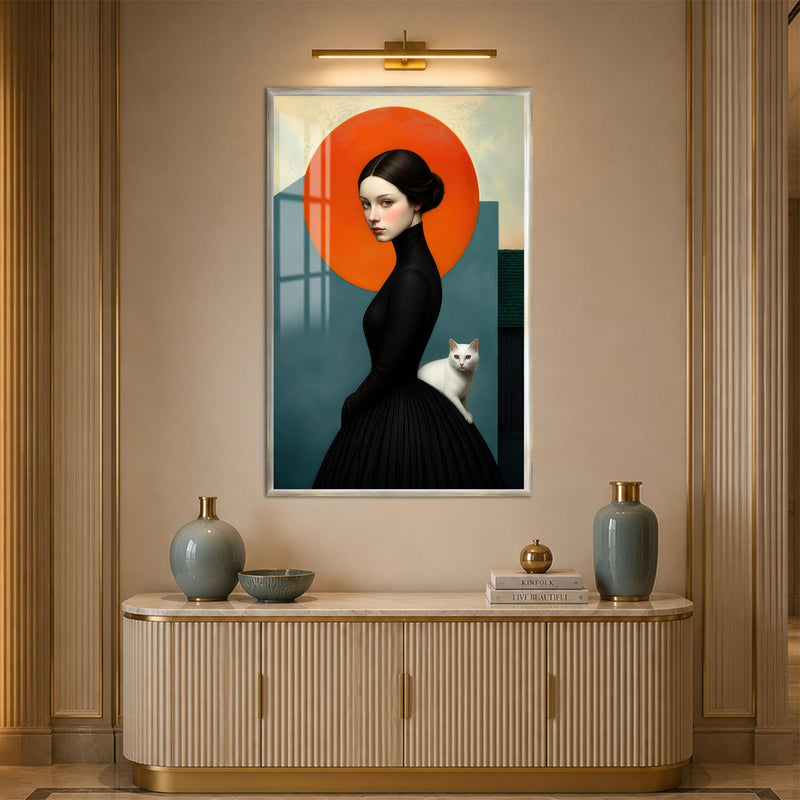 Lady With White Cat with silver frame