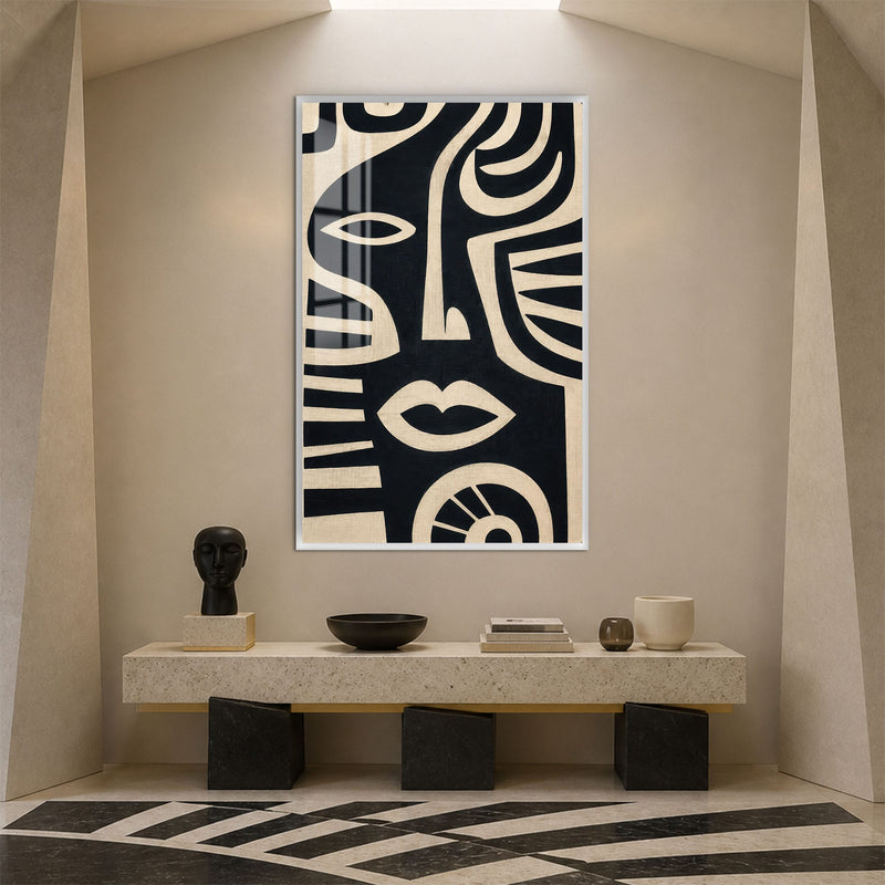 Artronauts Glass Print 12x18 cm | 4.7"x7.1" / White Midnight Tribal Faces Glass Wall Art