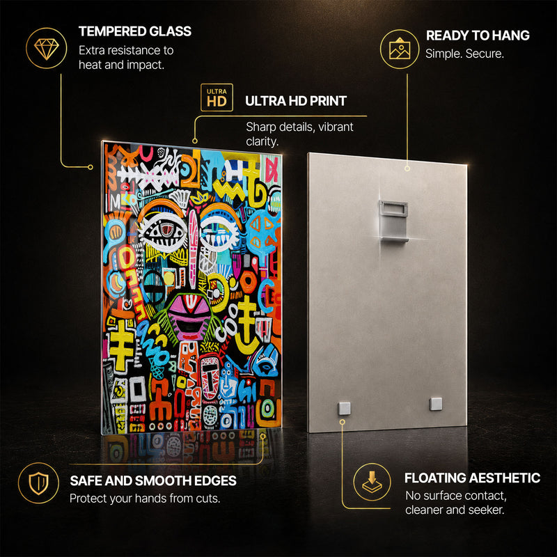 Urban Tribal Face — tempered glass, ultra HD print, ready to hang