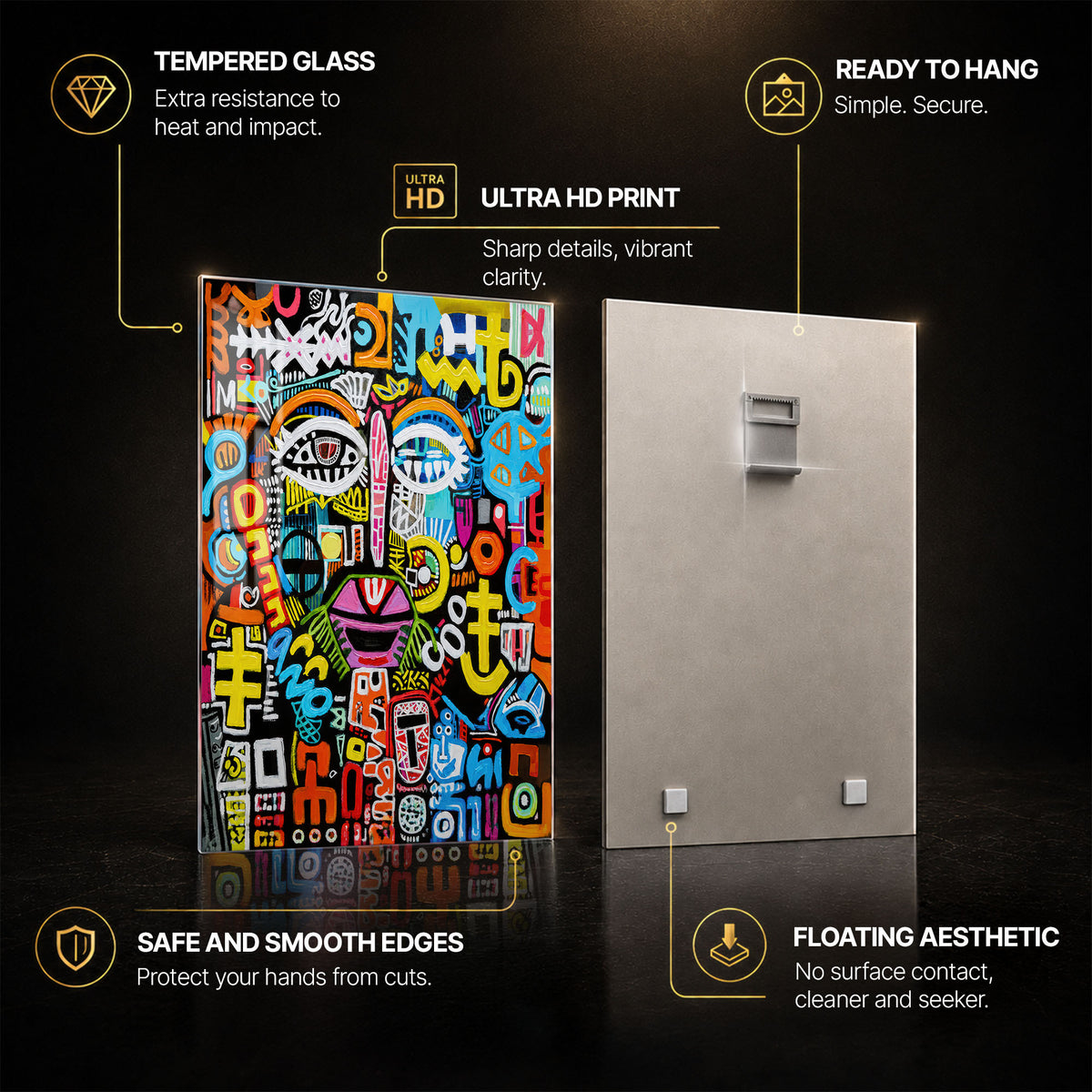 Urban Tribal Face — tempered glass, ultra HD print, ready to hang
