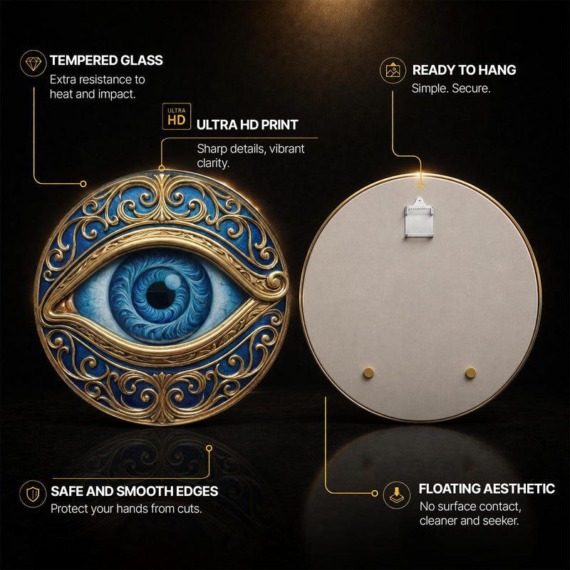 Ornate Gold Evil Eye — tempered glass, ultra HD print, ready to hang