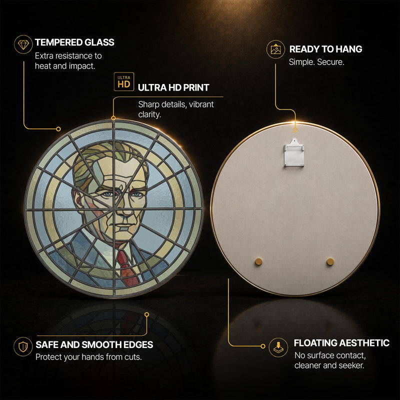 Stained Glass Portrait Medallion — tempered glass, ultra HD print, ready to hang