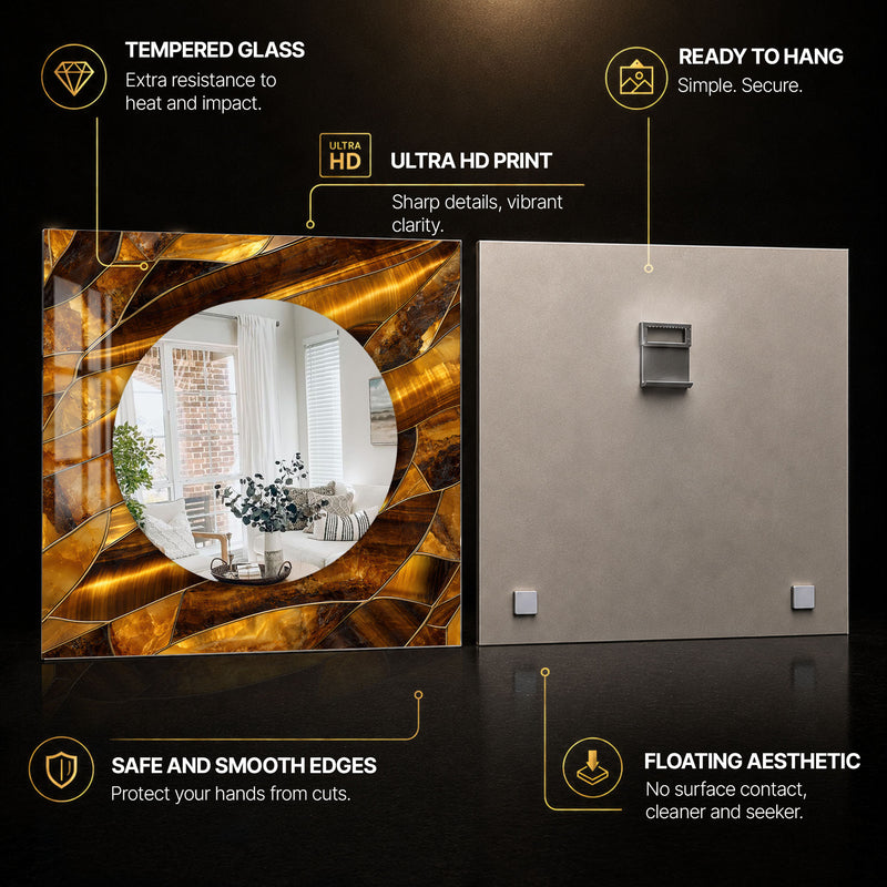 Golden Amber Mosaic — tempered glass, ultra HD print, ready to hang