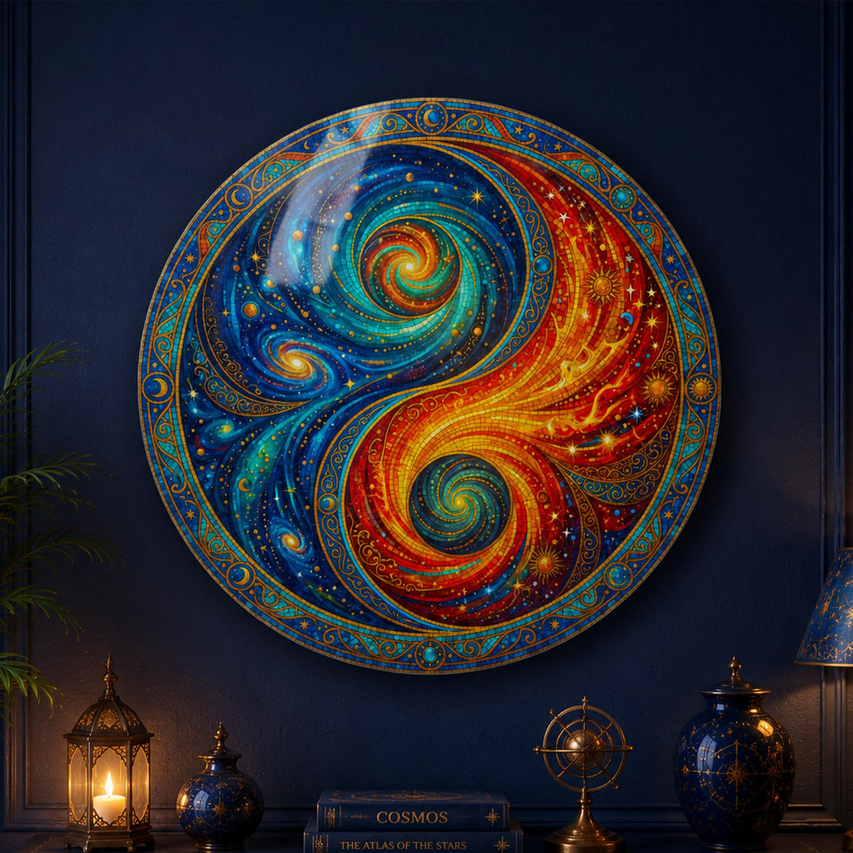Cosmic Yin Yang — tempered glass, ultra HD print, ready to hang