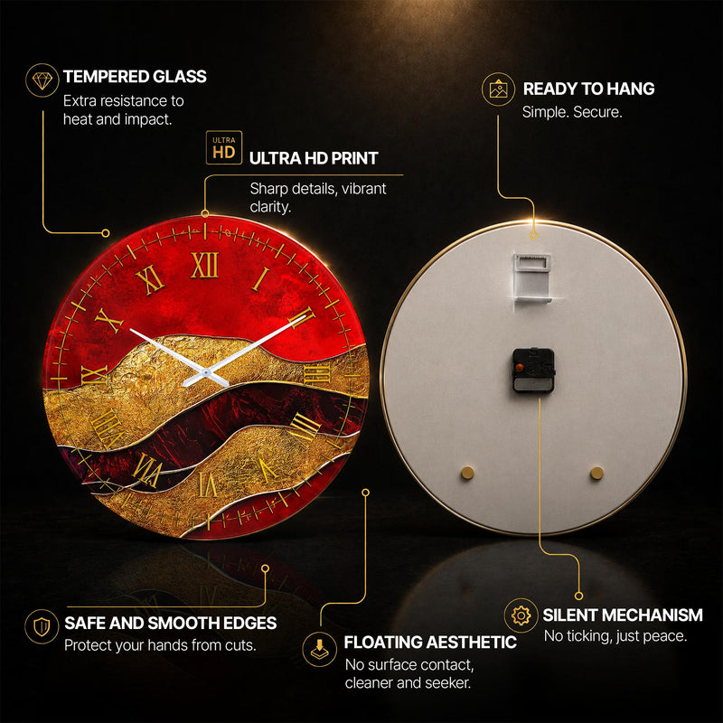 Crimson Golden Waves — tempered glass, ultra HD print, ready to hang