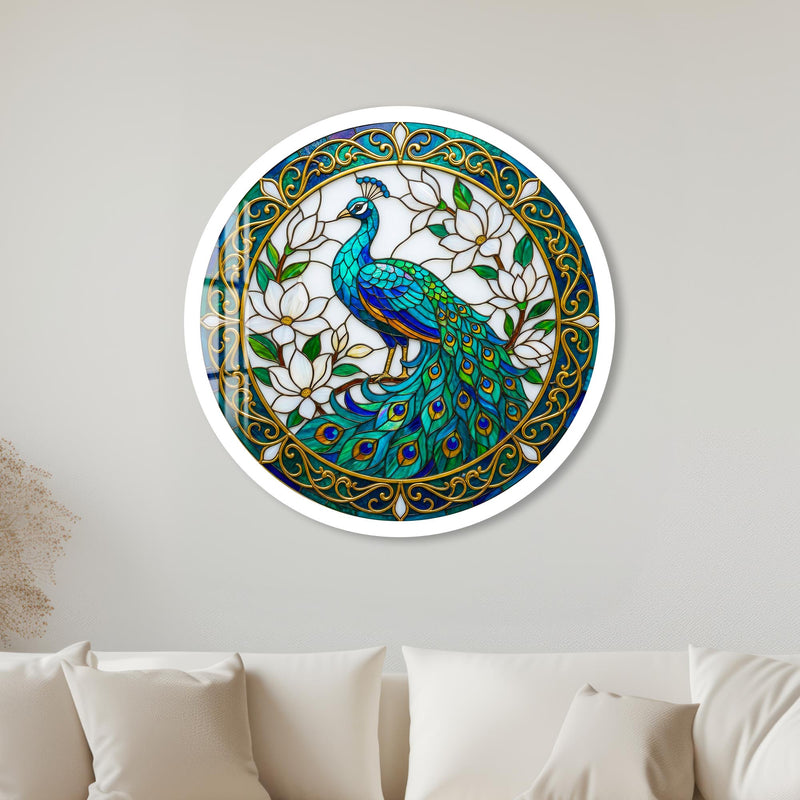 Stained Glass Peacock And Magnolia with white frame