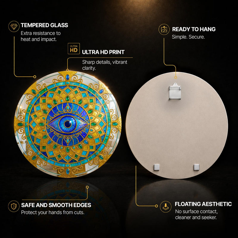 Jewelled Gold Evil Eye Mandala — tempered glass, ultra HD print, ready to hang