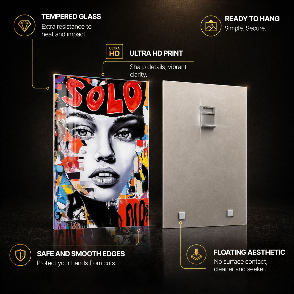 Solo Pop Portrait — tempered glass, ultra HD print, ready to hang