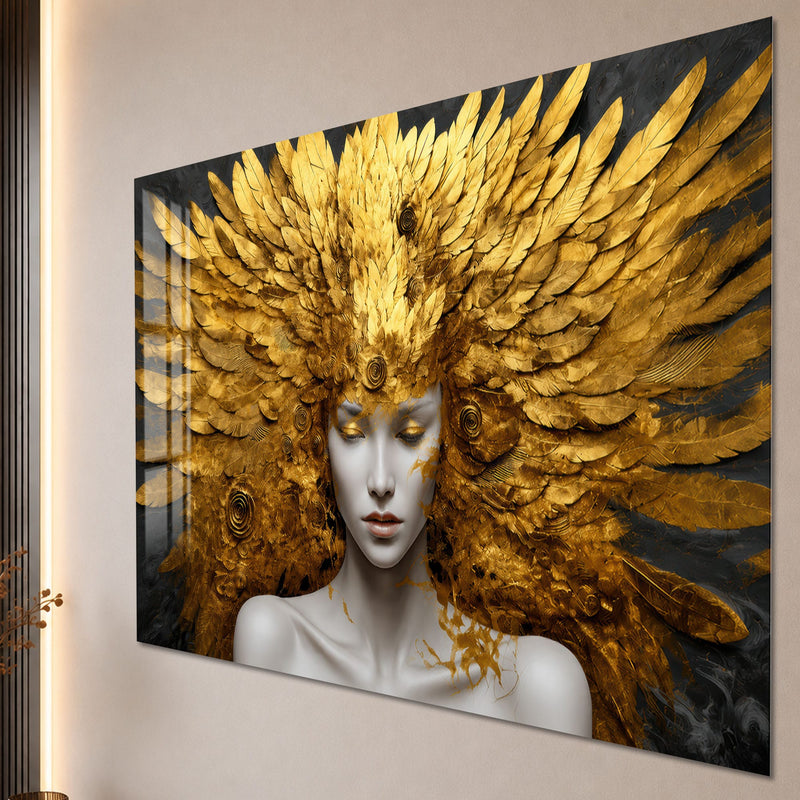 Artronauts Glass Print Golden Feather Goddess Glass Wall Art
