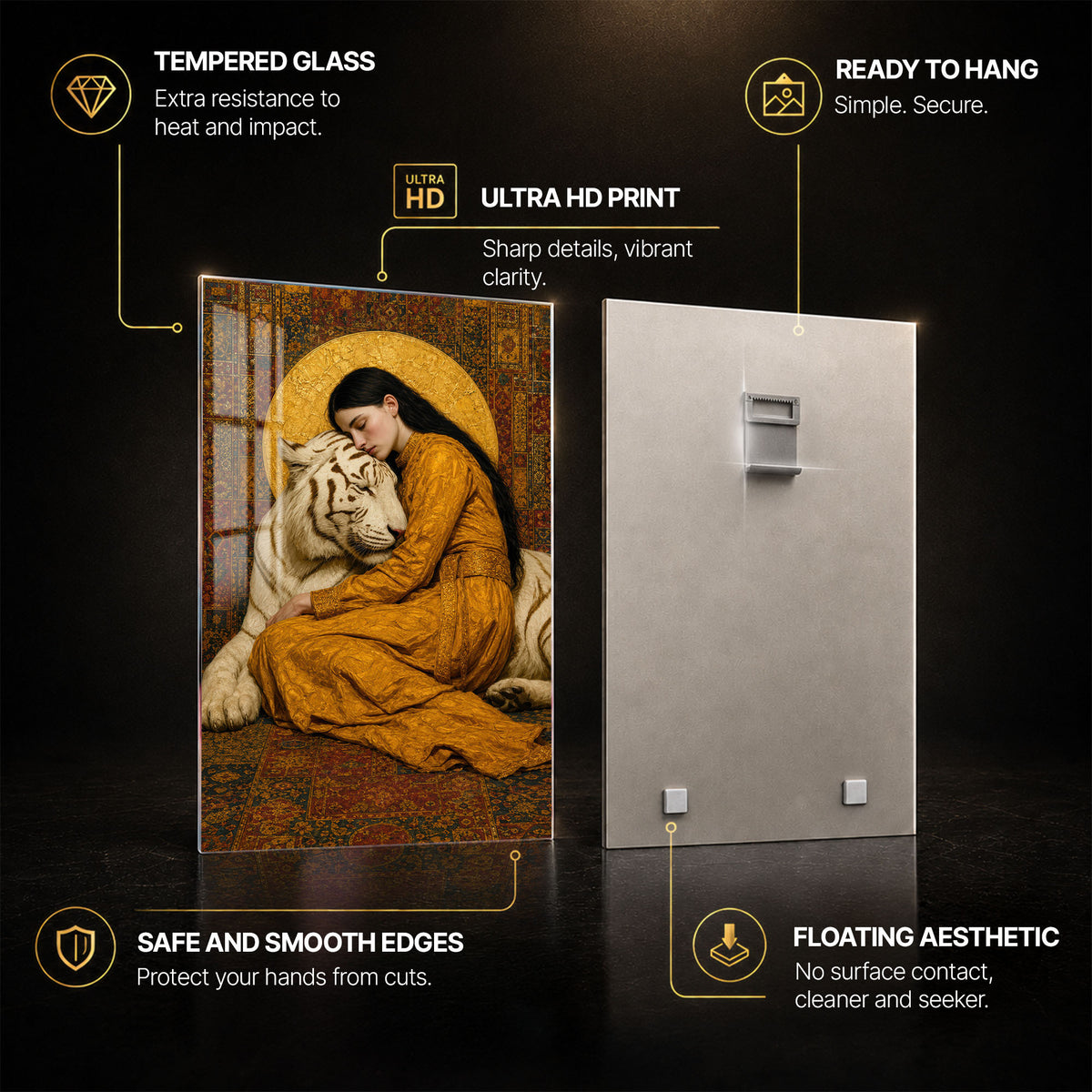 Golden Guardian — tempered glass, ultra HD print, ready to hang