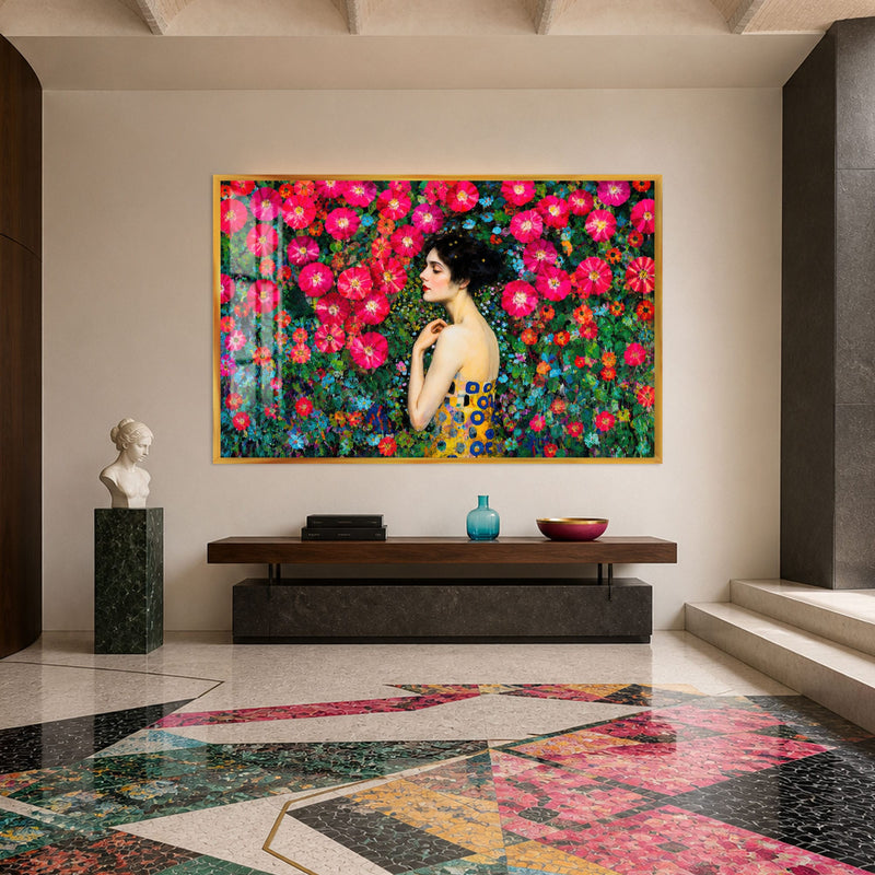 Artronauts Glass Print 18x12 cm | 7.1"x4.7" / Gold Woman Among Flowers Glass Wall Art