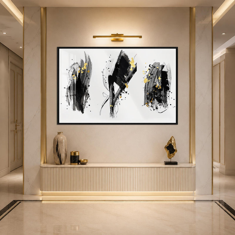 Artronauts Glass Print 18x12 cm | 7.1"x4.7" / Black Ink and Gold Strokes Glass Wall Art