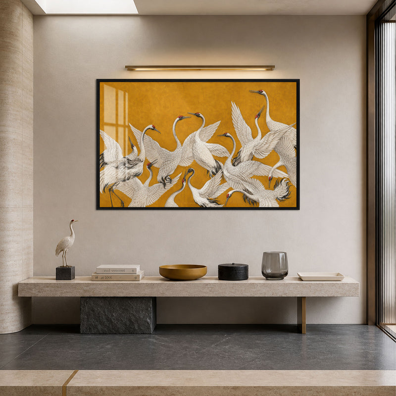 Golden Cranes in Flight with black frame