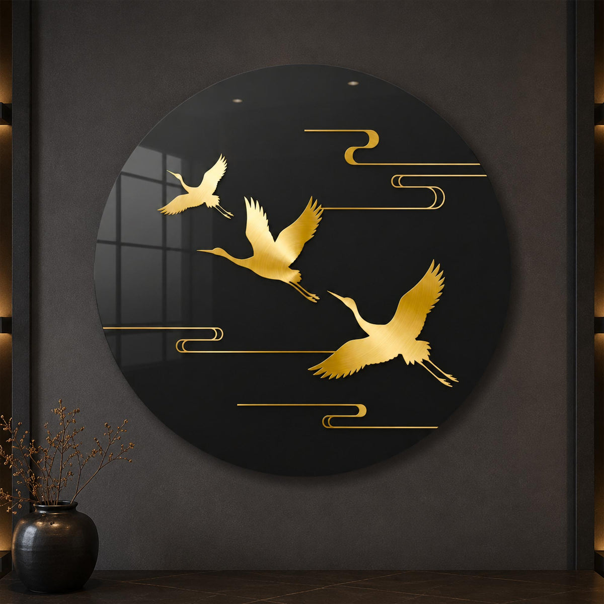 Golden Crane Flight — tempered glass, ultra HD print, ready to hang