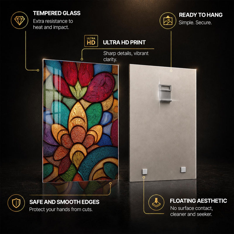 Jeweled Mosaic Bloom — tempered glass, ultra HD print, ready to hang
