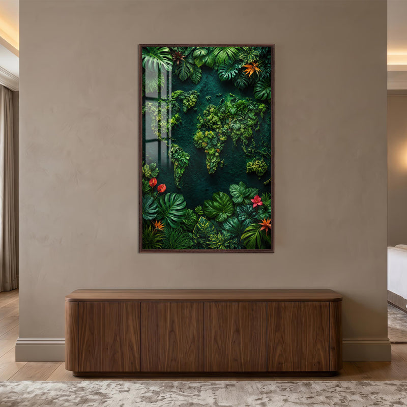 Botanical World Map with walnut frame