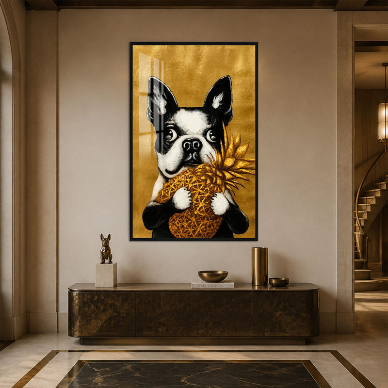Artronauts Glass Print 12x18 cm | 4.7"x7.1" / Black Golden Pineapple Pup Glass Wall Art