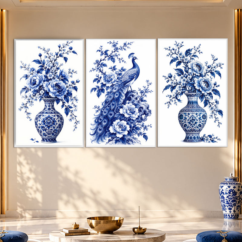 Blue Peacock Floral with white frame