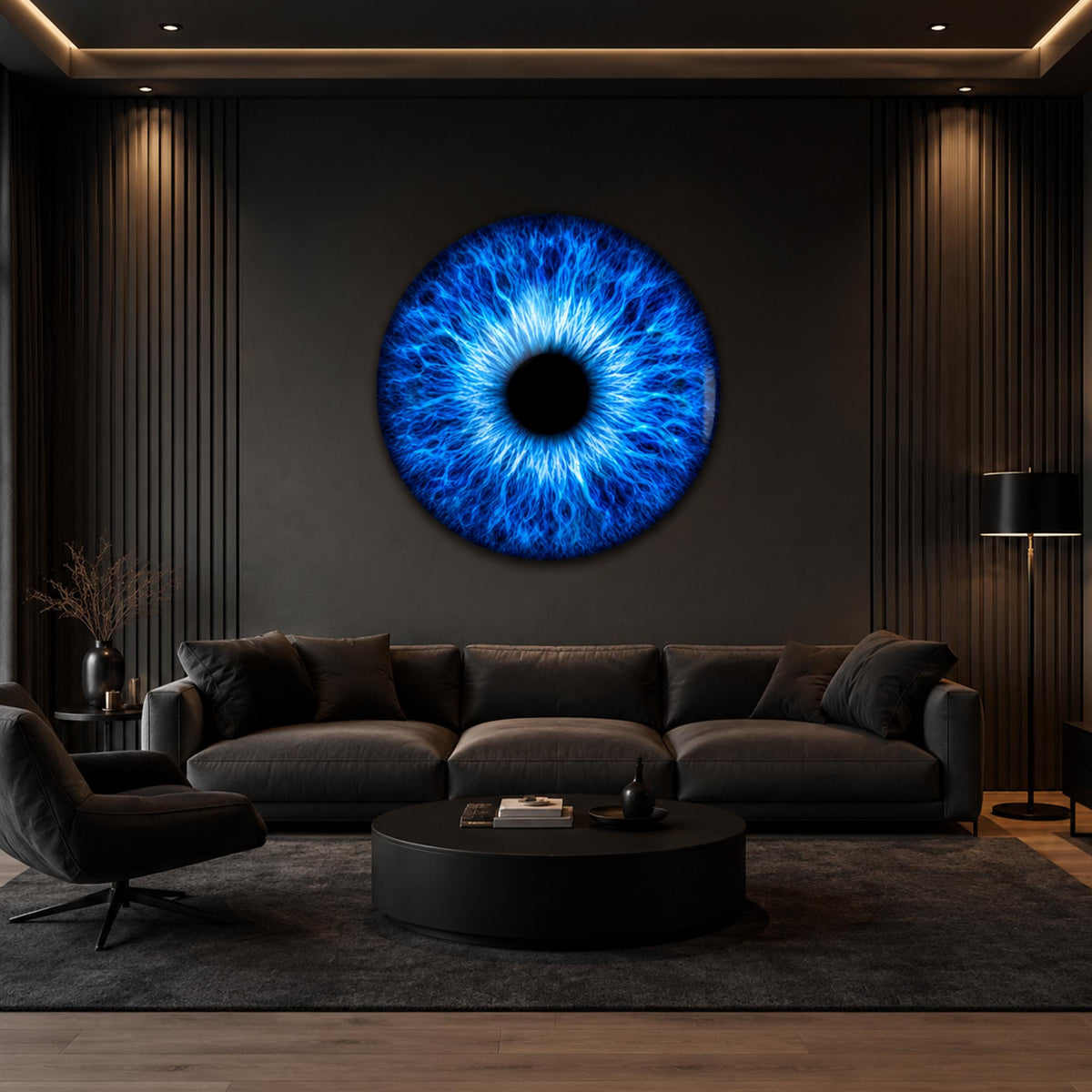 Electric Blue Iris IV — tempered glass, ultra HD print, ready to hang