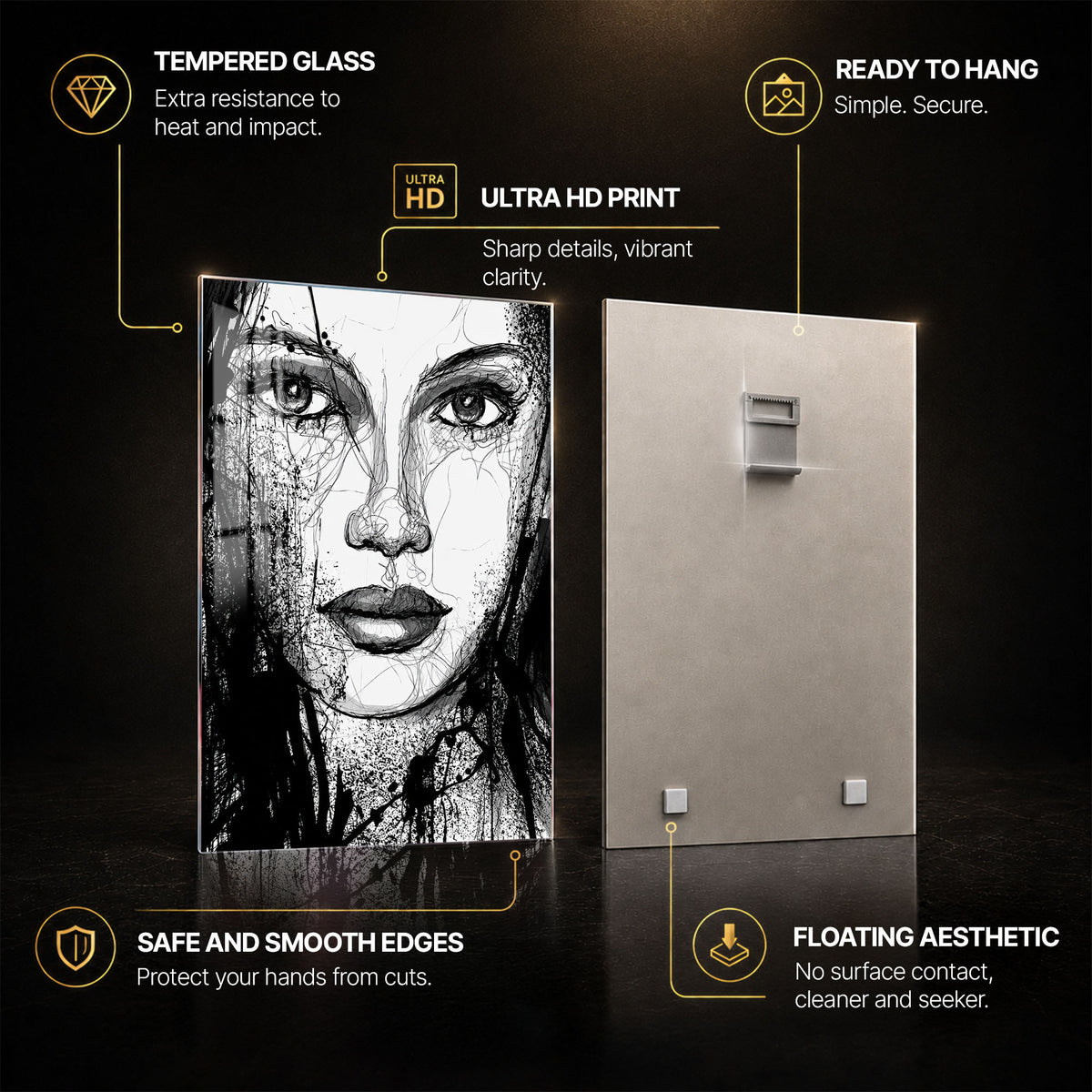 Ink Gaze — tempered glass, ultra HD print, ready to hang