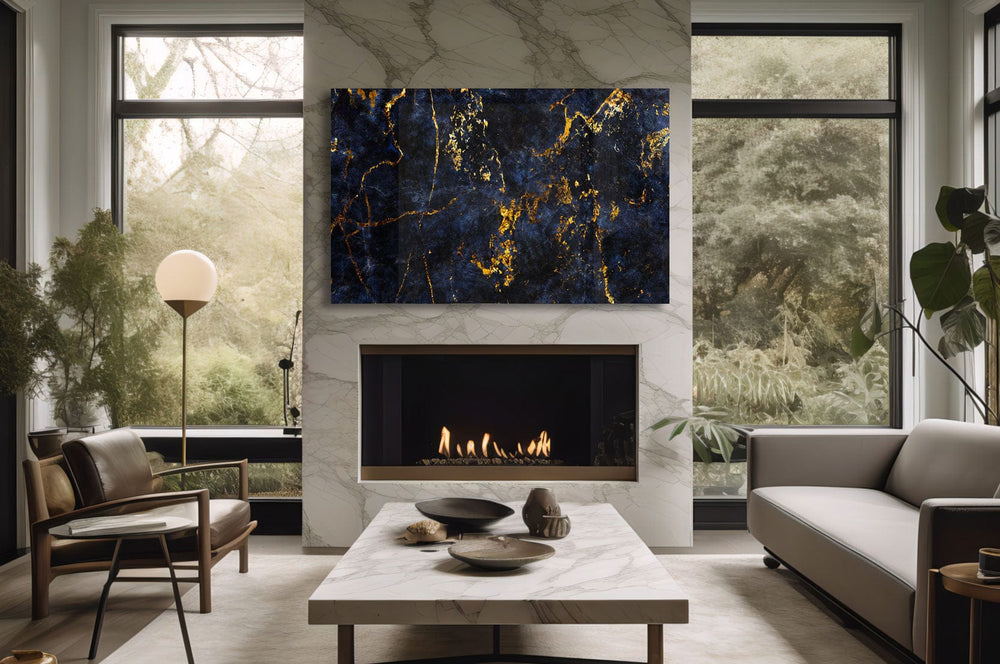 Artronauts Glass Print Golden & Navy Abstract