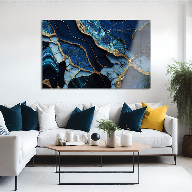 Artronauts Glass Print Golden Veined Blue Abstract