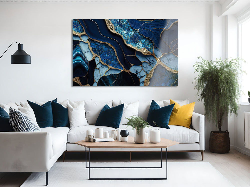 Artronauts Glass Print Golden Veined Blue Abstract