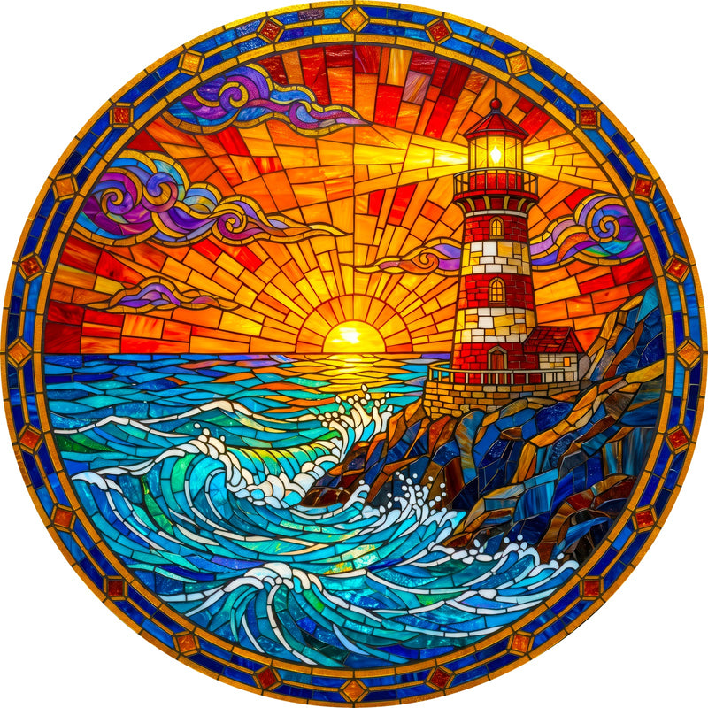Sunset Lighthouse Round Glass Wall Art