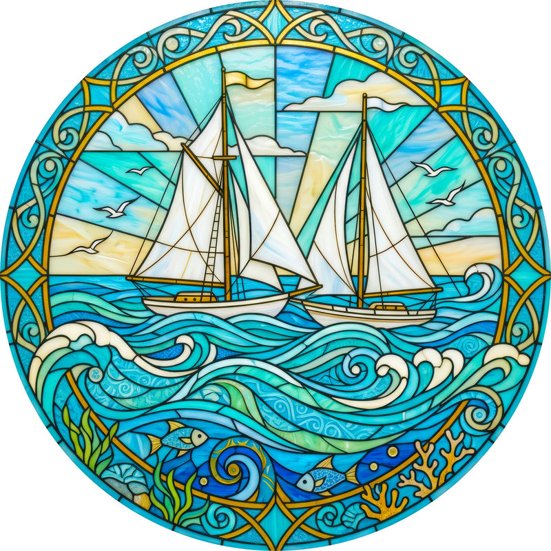 Sailing The Azure Sea Round Glass Wall Art