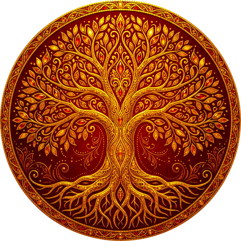 Crimson Tree Of Life Round Glass Wall Art